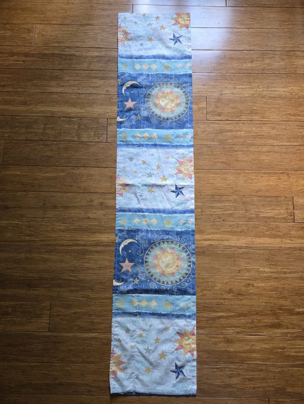 Handmade Celestial Sun Moon Stars Rod Pocket Curtain Valance 55" x 11" Blue Boho